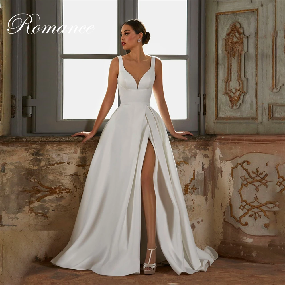 

Simple V-Neck Satin A-Line Wedding Dress Pleat Spaghetti Straps High Slit Open Back Bridal Gown Vestidos De Novia Customized