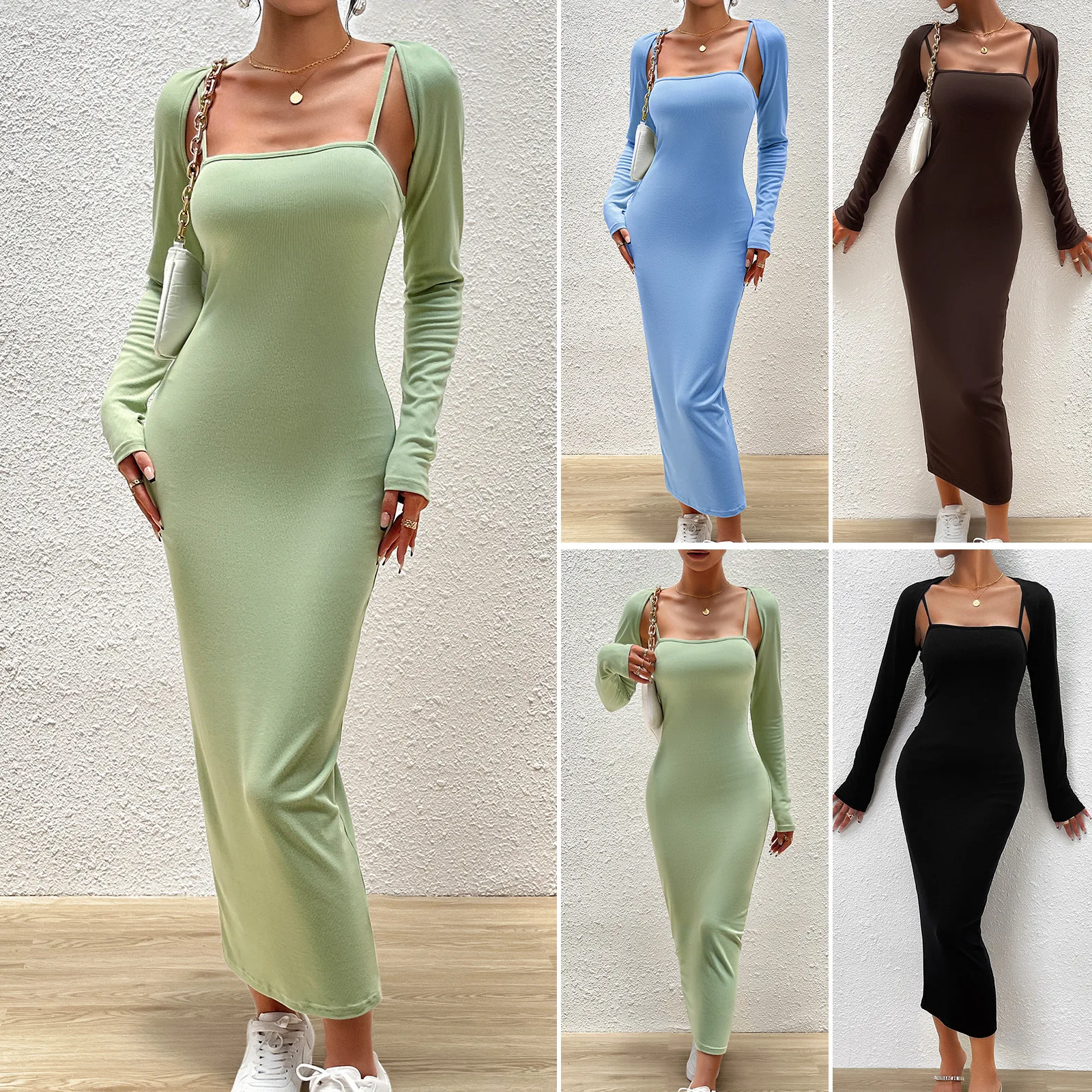 

And N Women's Clothing 2023 Autumn And Winter Temperament Elegant Solid Color Suspender Dress Long-sleeved Top