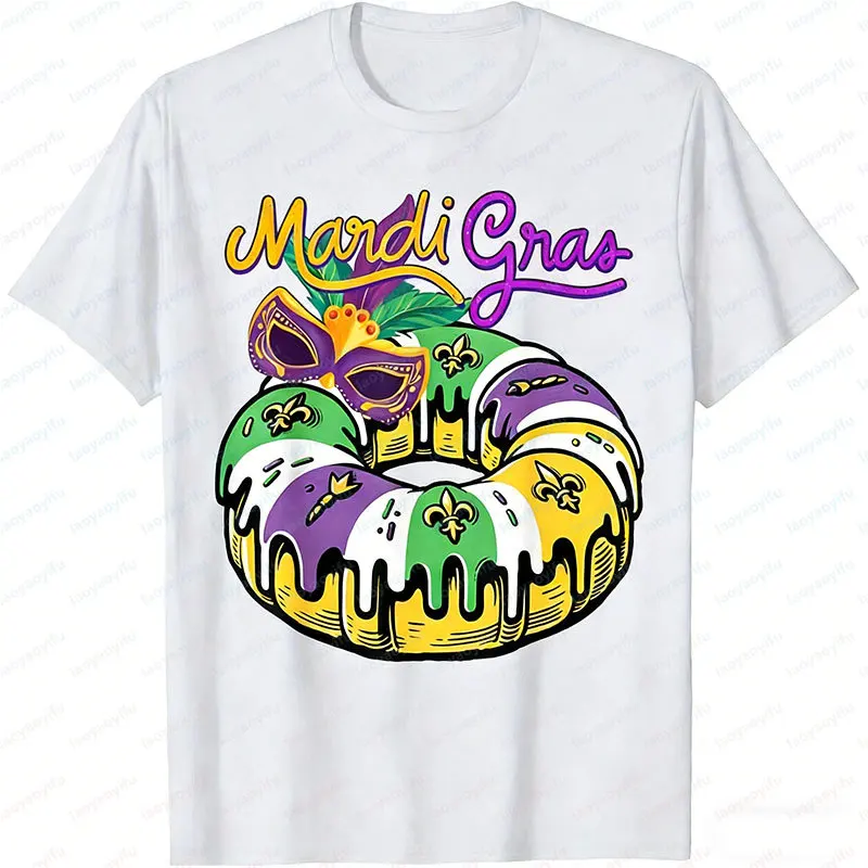 Mardi Gras Unisex Cotton T-Shirt Featuring Humorous King Cakes and A Masquerade Theme Print Tshirt Trendy New Orleans Streetwear