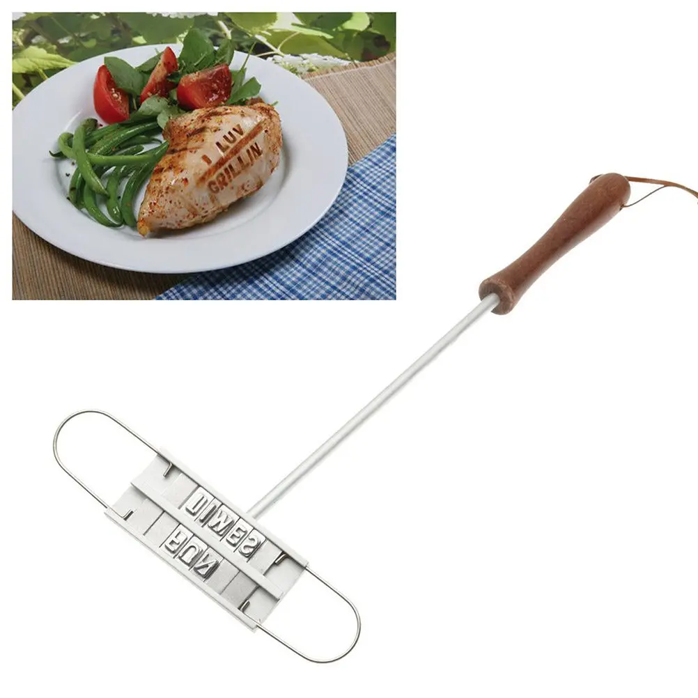 Custom BBQ Steak Branding Iron Tool – Aluminum Alloy with Wooden Handle, 2-Line Engraving, 55 Letters Total