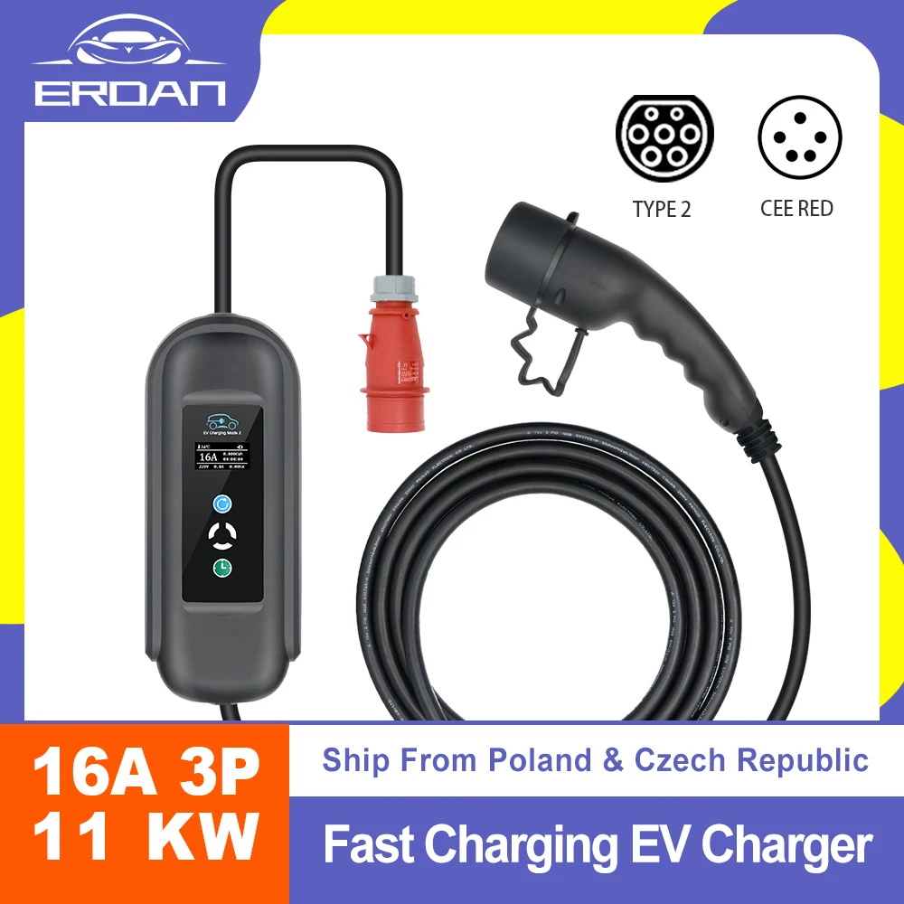 

ERDAN Type 2 16A 3 Phase 11kw Portable EV Charger CEE Plug Current Adjustable for Electric Vehicle Fast Charging with 2 Adapters