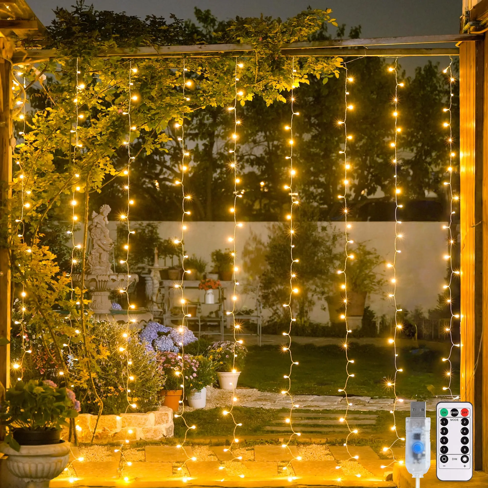 USB Plug in Curtain Lights 300 LED with 8 Modes, 9.8ftx9.8ft | Remote, Warm White Curtain Fairy Lights, String Lights for Bedroom, Classroom, Dorm, Wedding, Xmas, Party Decor