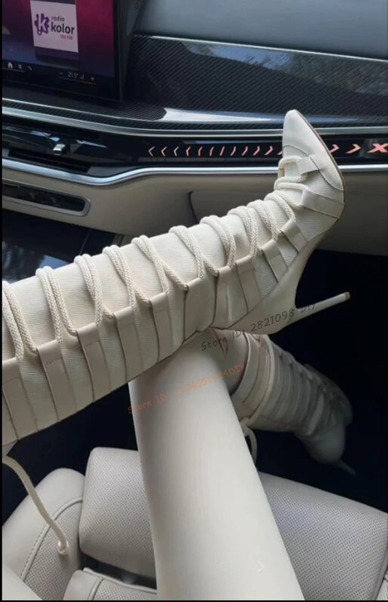 Knee Length White Long Boots Pointed Toe Lace Up Thin High Heel Sexy Zip Stiletto Heeled Long Boots Women Shoes