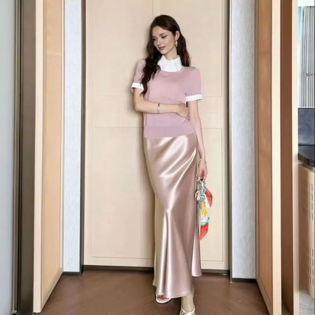 

Summer New Chic Fashion Multi Color Satin Texture Slim Fit Drawstring Midi Dress Retro Elastic Waist Women'S Dress Mujer