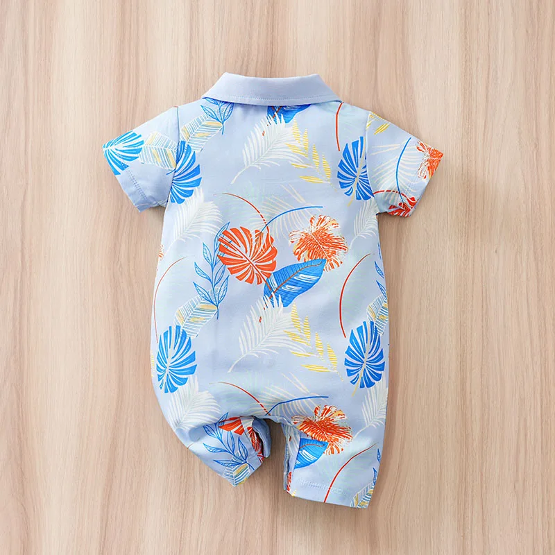 Hawaiian Beach Baby Romper Short Sleeve Tropical Floral Print Lapel Jumpsuit Infant Boys Summer Vacation Playsuit