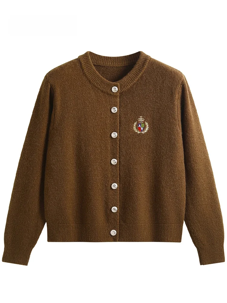 

JZZDEMM Women's Faionable Crown Embroidery Cardigan Velvet Knitted Outerwear Long Sve Button up Regular Fit Autumn Top