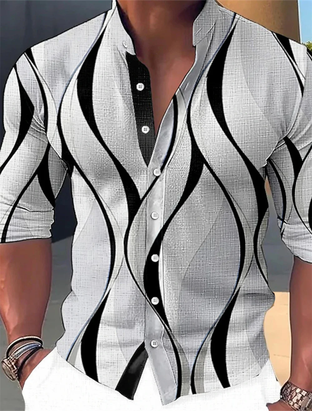 2024 New Men's Geometric Standing Neck Long sleeved Printed Clothing Outdoor Fashion Street Fashion Designer Casual Plus Size
