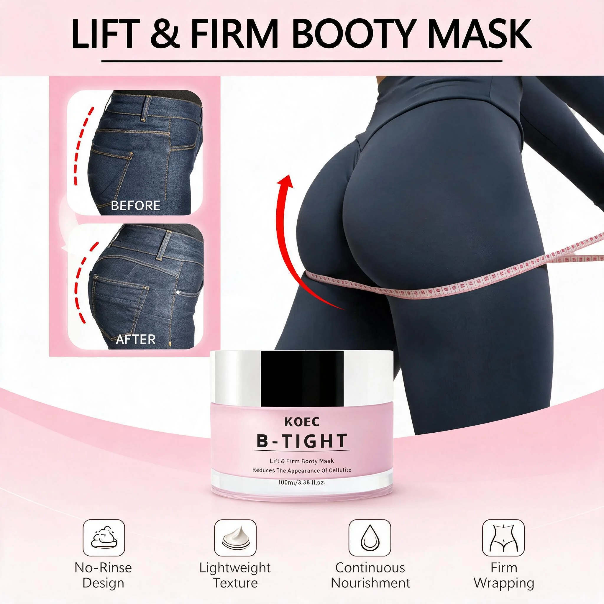 B-TIGHT Lift & Firm Booty Mask, Butt & Thighs Firming Cream with Caffeine & Brazilian Peppertree Extract, Helps Smooth Skin Texture, Body Skincare, Ideal Birthday Beauty Gift for Women