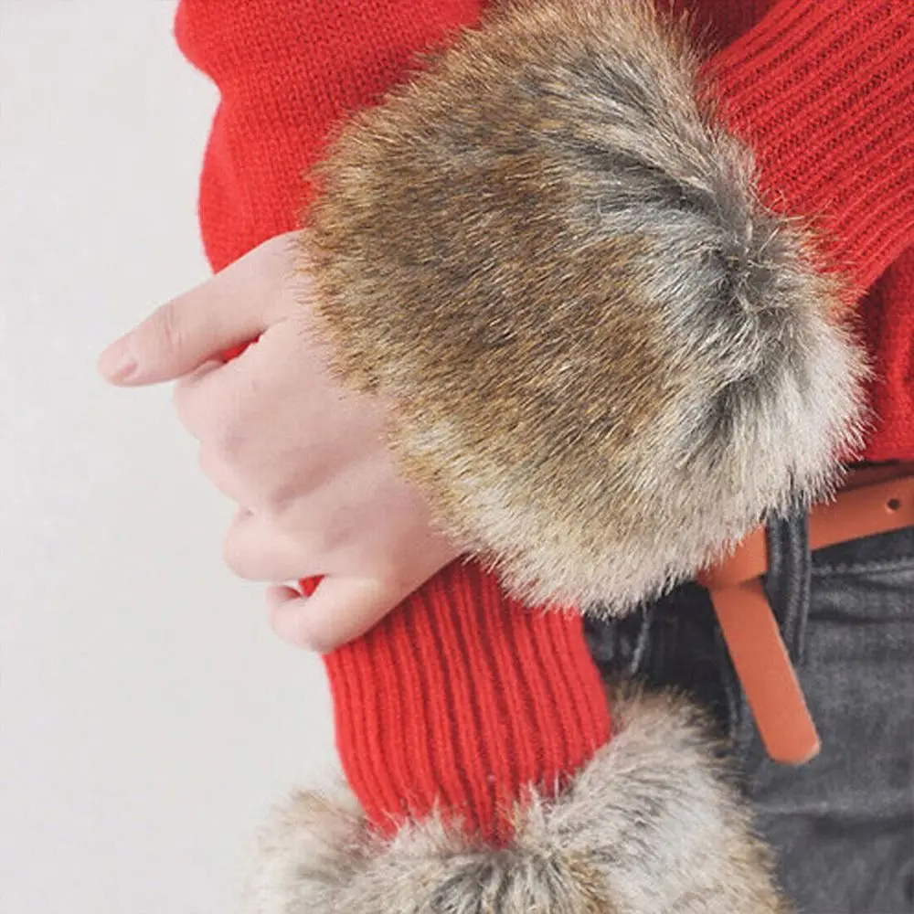 Women Fashion Winter Warm Faux Fur Elastic Wrist Slap On Cuffs Ladies Solid Color Arm Warmer Plush Wrist Protector