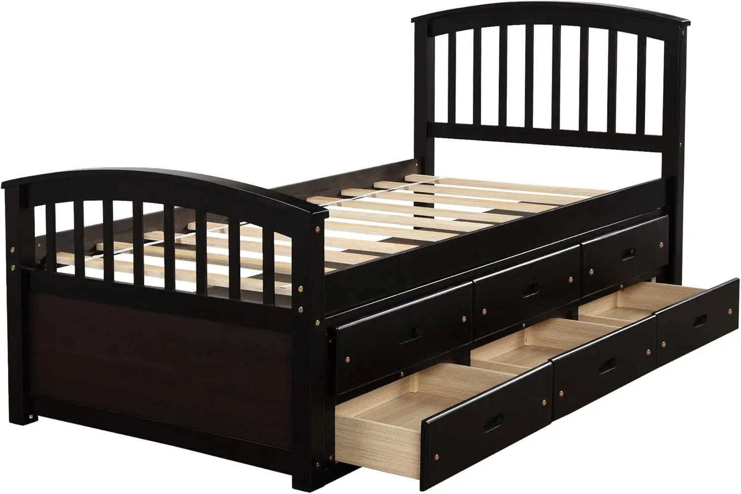 Espresso Bed Frame Twin W/ 6 Drawers, Pine Wood Bed Platform with Headboard Footboard Wood Slats Daybed No Box Spring Ne