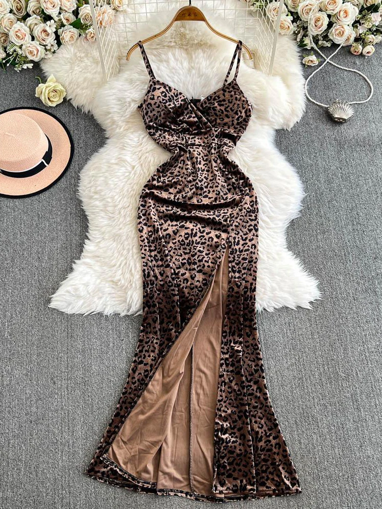 

Women Long Dress Chic Sexy V-neck Summer New Leopard Print Pleated Waist Thin Split Fishtail Dress Party Club Cocktail