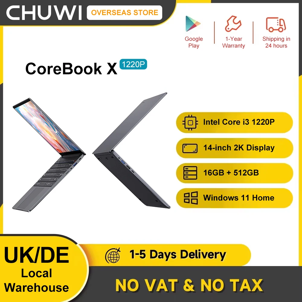 CHUWI Laptop CoreBook X i3 1220P Windows 11 Portable PC 14-inch 2K IPS Display 100%sRGB Computer 16GB DDR4 512GB SSD WiFi 6