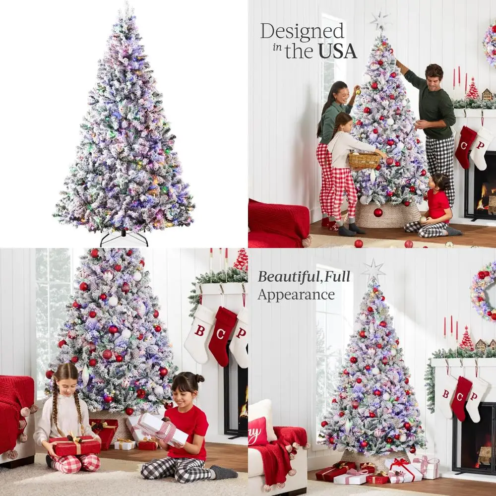 6ft Snowy Flocked Pine Artificial Christmas Tree with Dual Color LED Lights, Full