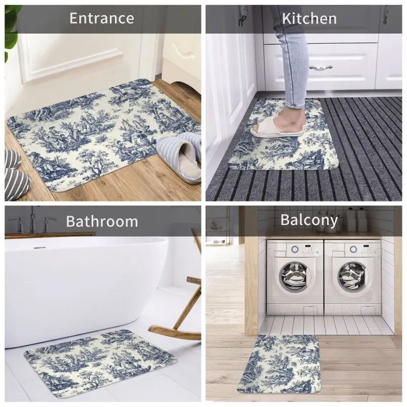 Personalized Vintage Toile De Jouy Doormat Mat Anti-Slip Navy Blue And White Kitchen Bath Toilet Rug Carpet 40*60cm
