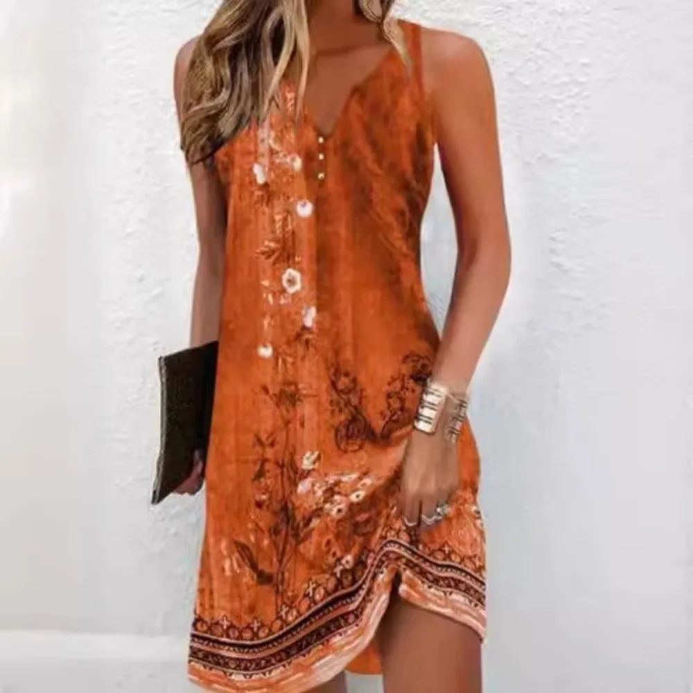 

Fashion Summer Women's Dresses Loose Sleeveless Vacation Dresses V Neck Bikini Cover-Ups Bohemian Dresses Beach