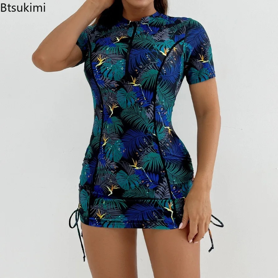 Nowy 2025 Tankini damski strój kąpielowy tropikalny nadruk dwuczęściowe garnitury stroje kąpielowe z krótkim rękawem letnia sukienka kostiumy kąpielowe damski strój kąpielowy