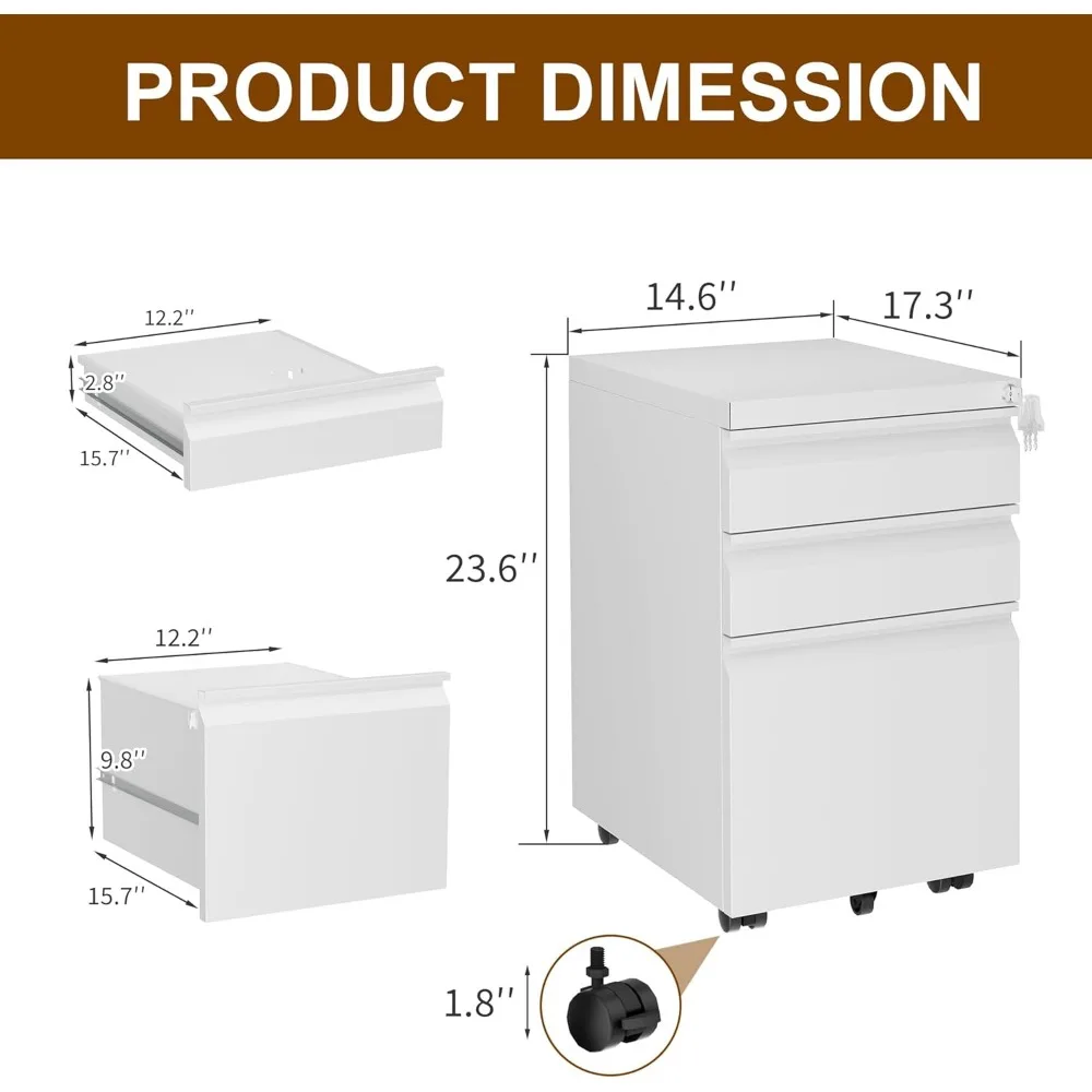 خزانة ملفات متنقلة قابلة للقفل بثلاثة أدراج للمكتب المنزلي، حل تخزين تحت المكتب مع 4 مفاتيح