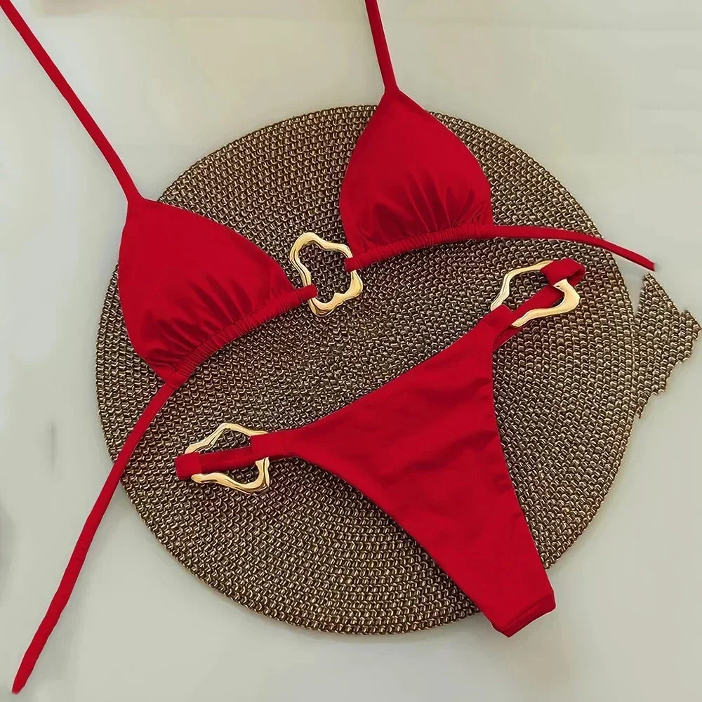 Costume da bagno sexy da donna con coulisse nera, triangolo, micro bikini, perizoma, anello in metallo, mini costume da bagno con lacci