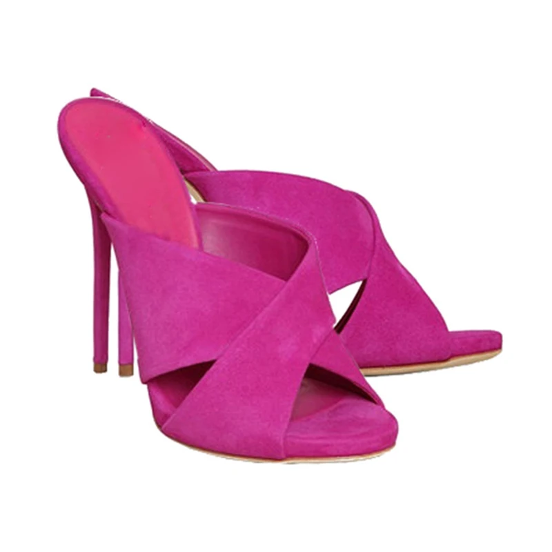 

Сексуальные розовые замшевые сандалии-шлепанцы с перекрестными ремешками, открытым носком и тонким высоким каблуком для женщин