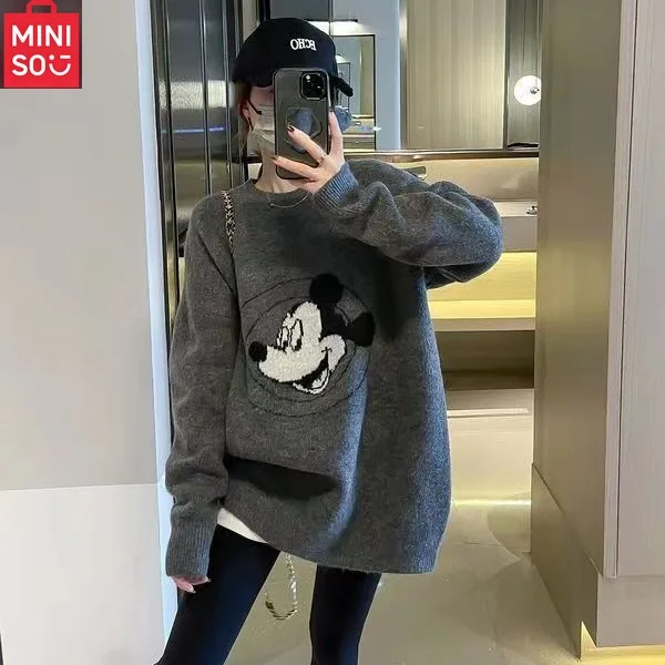 

MINISO пуловер в ленивом стиле для женщин, зима 2023, новая корейская версия, пуловер, толстый вязаный свитер, топ