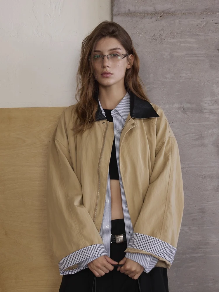 

American Sle ort Leather Jaet Loose Fit Collar Flip Autumn Outerwear for Men And Women Youth Casual Long Sve Zipper