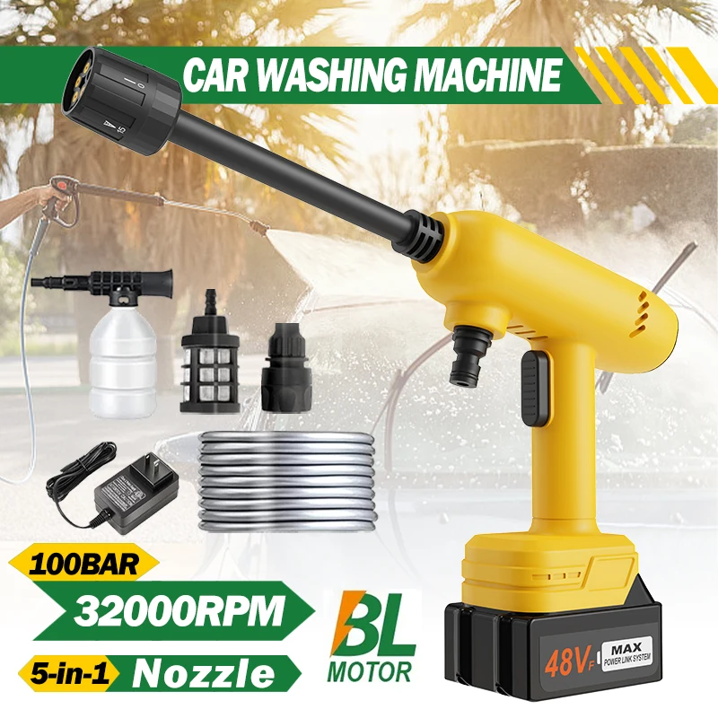 100Bar 800W Brushless Cordless Electric High Pressure Washer Gun 5-in-1 Multi-function Nozzles Car Washing Garden Water Gun