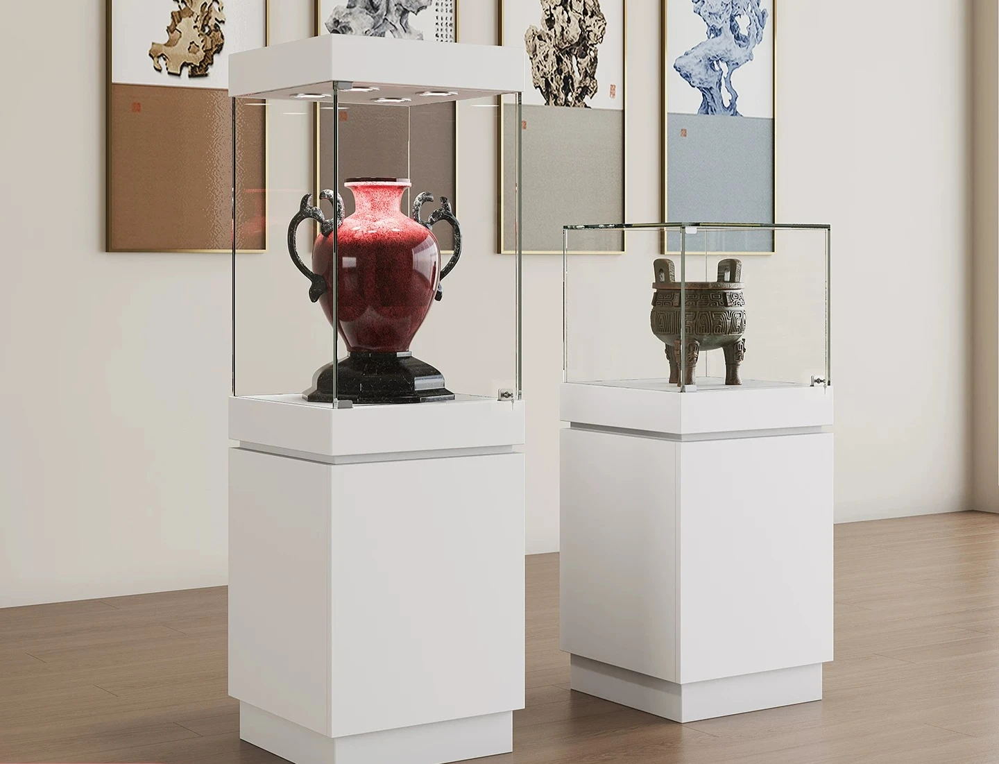 Ceramic and jewelry display cabinets, museum antique exhibition, sample antiques, figures, glass  display