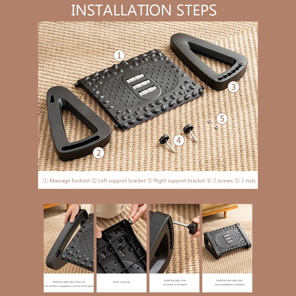 Under Desk Footstool Adjustable Plastic Footrest Stool with Rollers Foot Resting Stool Comfortable Massage Pad for Home Office