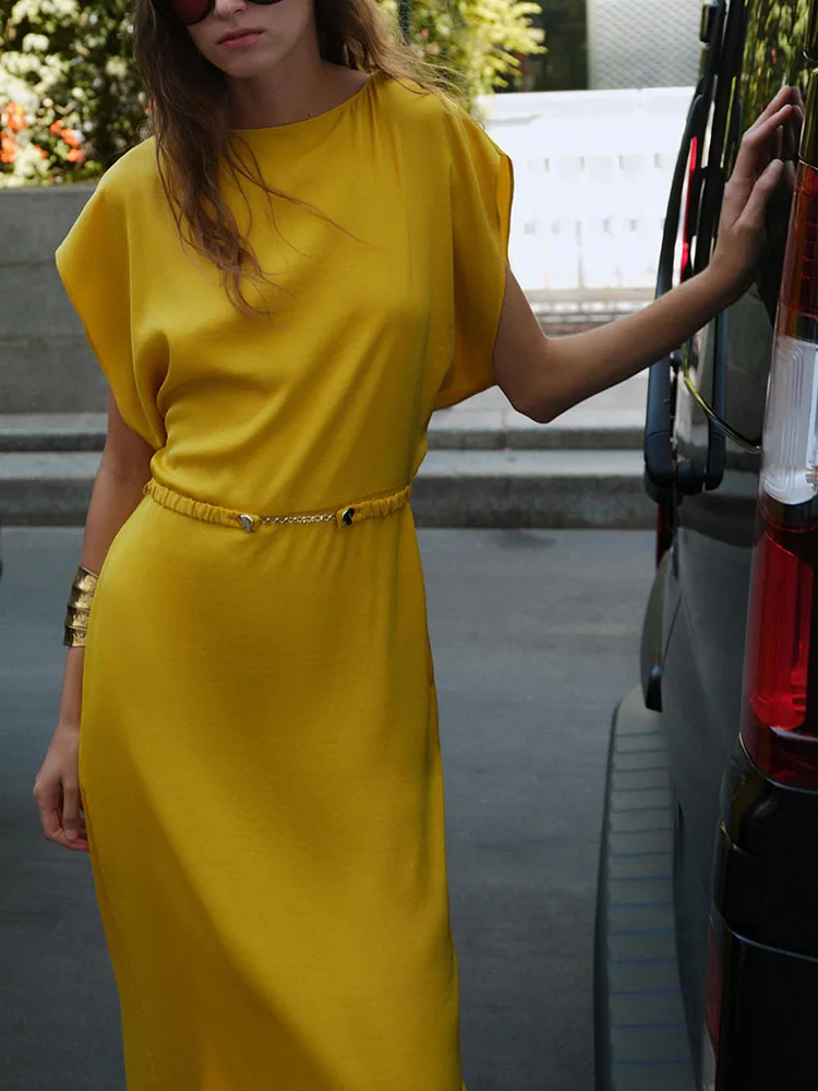 High-End Silk Satin Texture Midi Dr ZA2025 Women's Winter New Sle Ele Faionable Ladies' Clothing Stage Costume