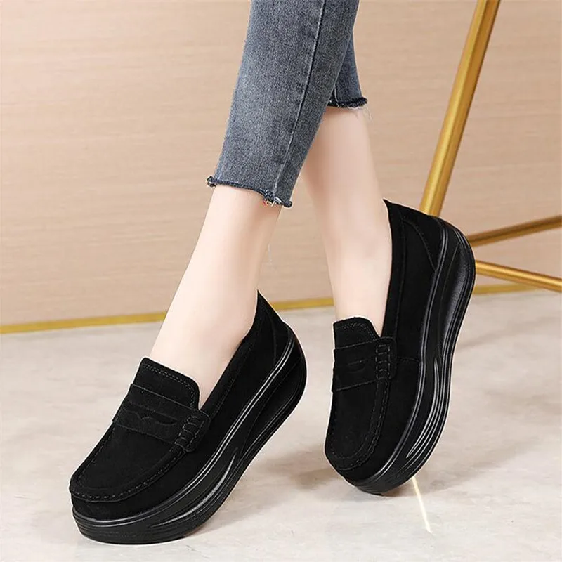 Spring Autumn Women Flats Ladies Genuine Leather Slip-on Casual Round Toe Platform Wedges Shoes Female Comfort Mom Single Shoes