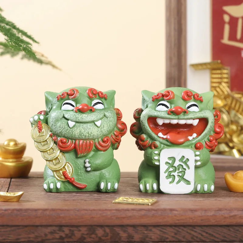 Chinese Zodiac Horse Year Gift Lion Statue Resin Figurine Tea Pet Desk Decor Feng Shui Ornament Living Room Shelf Home Office