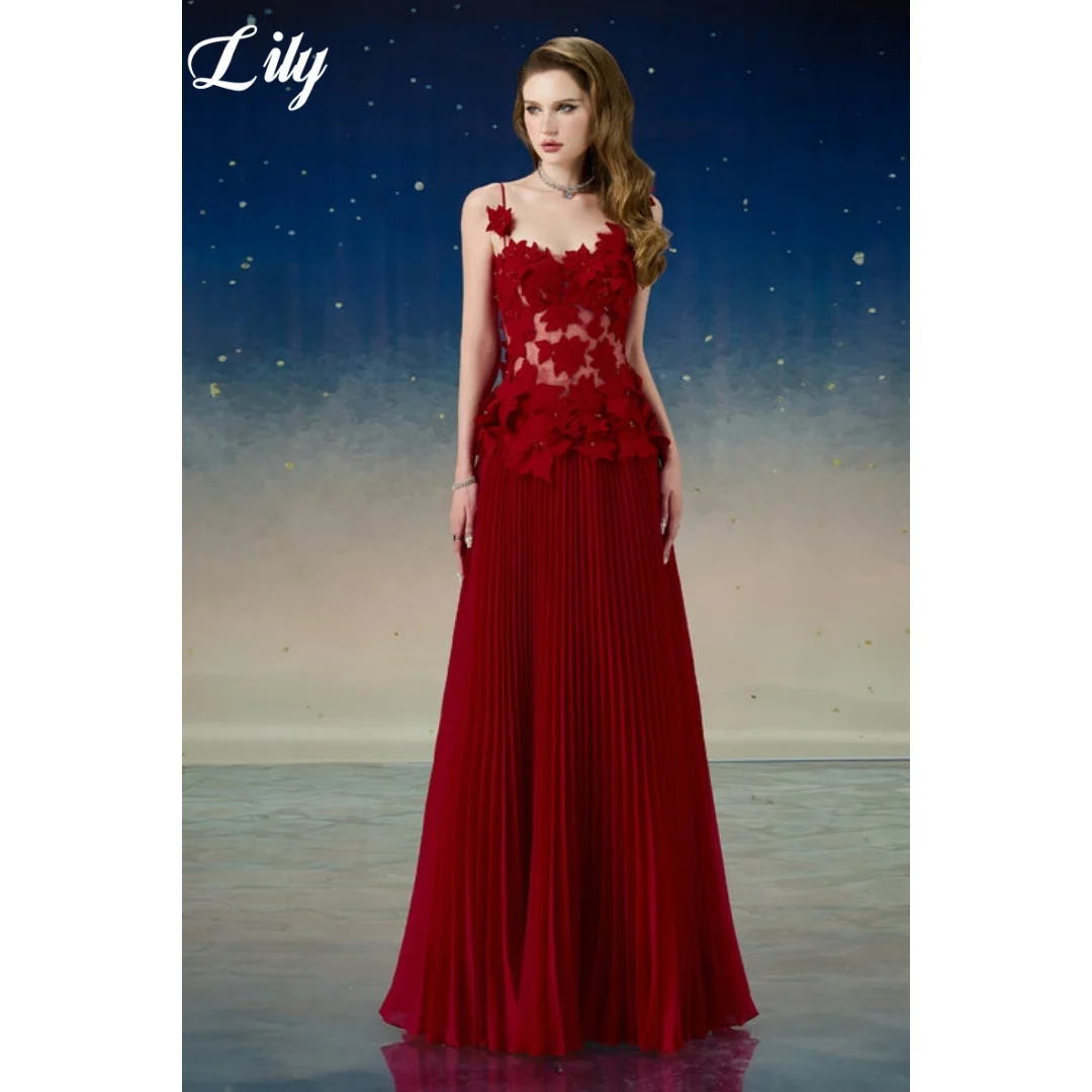 

Lily Elegant Burgundy Red Prom Dress 3D Floral Lace Evening Dresses Chiffon A-Line Floor Length Formal Party Gown Customized