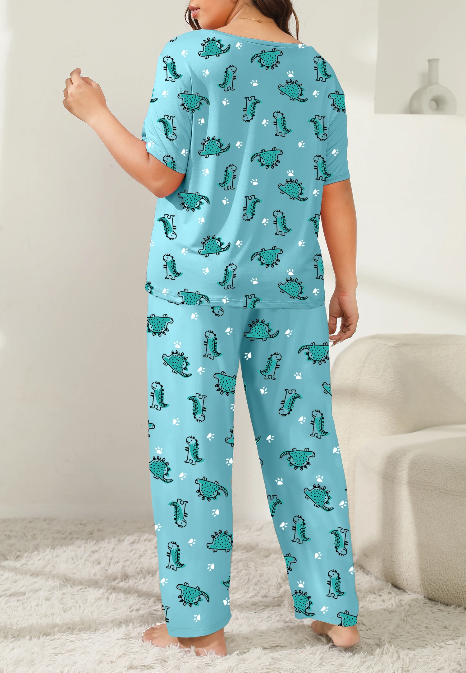 Plus-Size Women's Cartoon Dinosaur Print Pajama Set