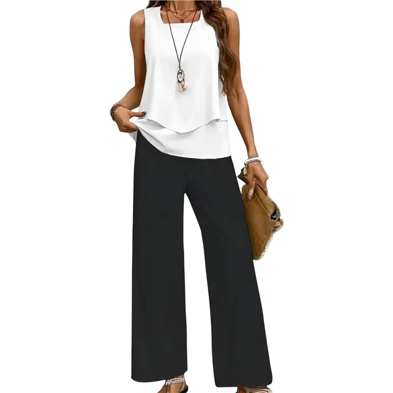 

CYL-Womens Sleeveless Square Neck Top And Wide Leg Pants Two Piece Set Casual Loose Fit Printed Outfit Color 8 M
