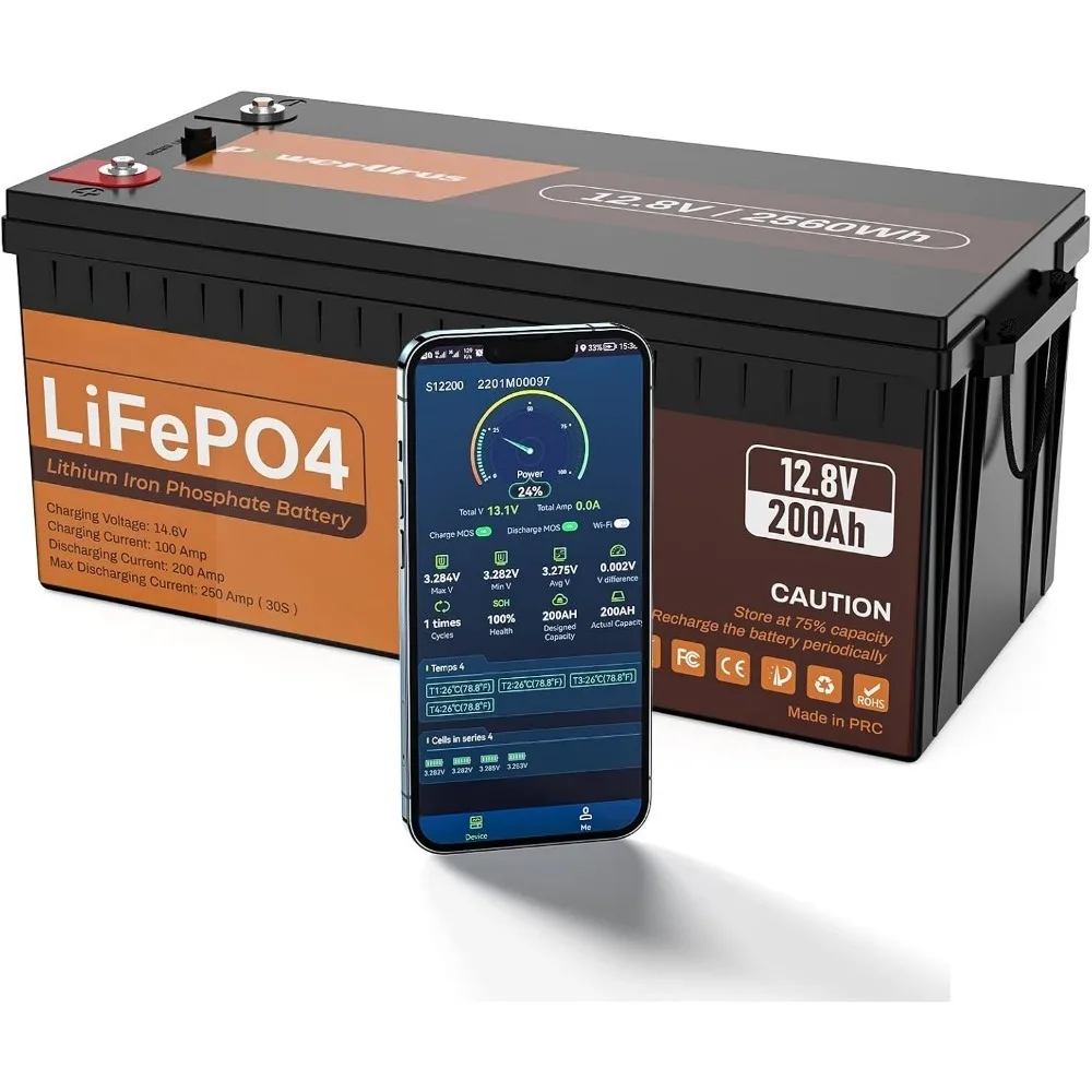 

12V 200Ah LiFePO4 Lithium Battery, 4000-8000 Deep Cycle LiFePO4 Battery with Smart APP, Built-in 200A BMS, Wireless Real-Time Ba