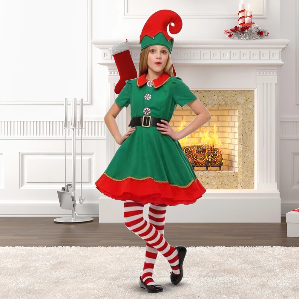 Xmas Santa Helper Costume Elf Hat/Shoes/Stockings Adult Kids Elf Dress Novelty New Year Children Clothing Green Xmas Party Dress