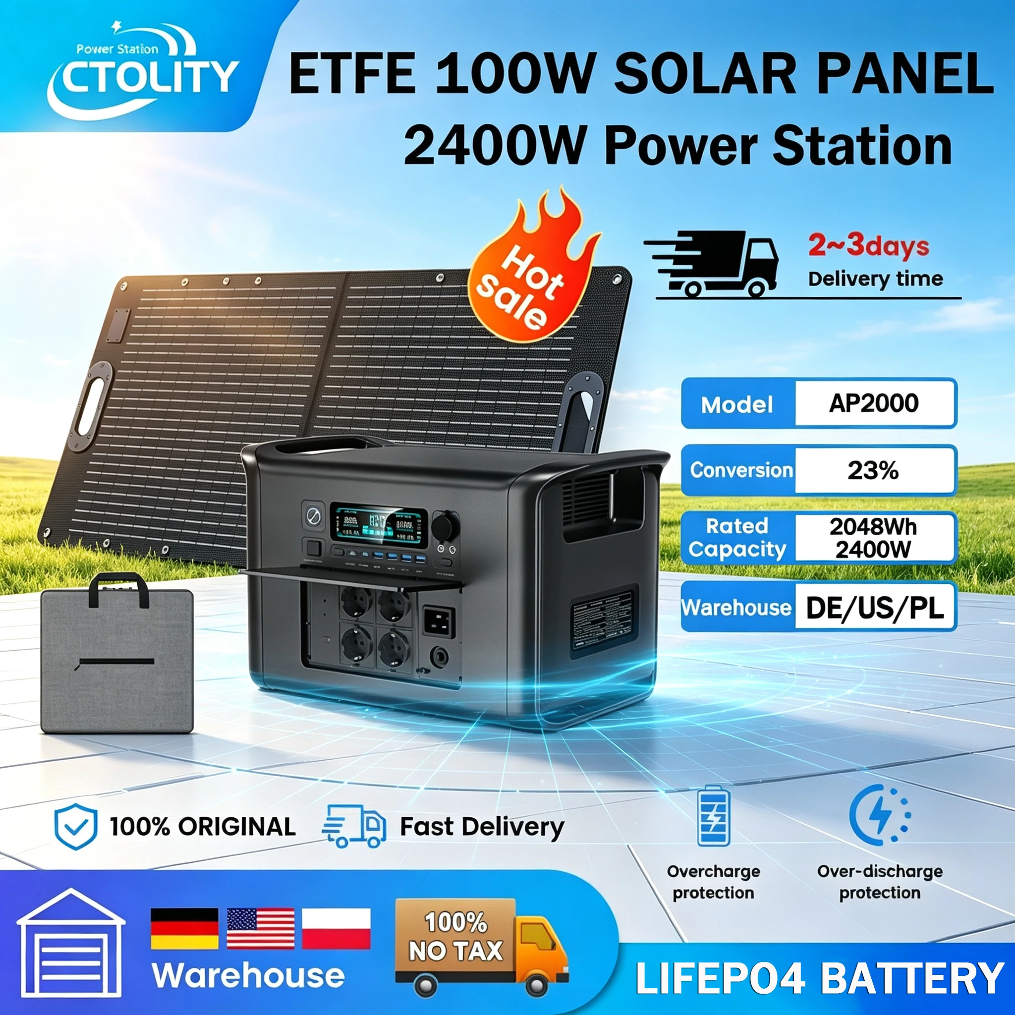 CTOLITY AP2000 2400W 2048Wh Powerstation-Kombi-Set 100W ETFE-Solarpanel Reine Sinuswelle LiFePO4-Batterie Tragbarer Camping-Solargenerator Heim-Notstromversorgung Energiespeicher