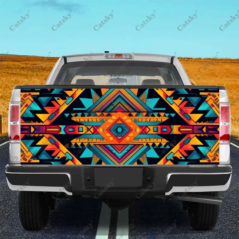 Colorful Geometric Aztec Pattern Truck Tailgate Wrap Professional Grade Material Universal Fit for Full Size Trucks Weatherproof