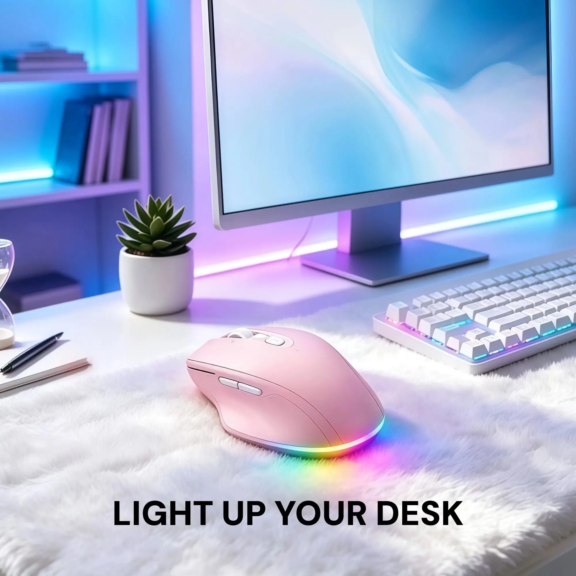 Ergonomic Wireless Mouse, Tri-Mode Bluetooth 2.4G Multi-Device, USB-C Rechargeable 4-Way Scroll Wheel, RGB Backlit, 4 Adjustable DPI 800-2400, Quiet Office Mouse for PC Mac Tablet