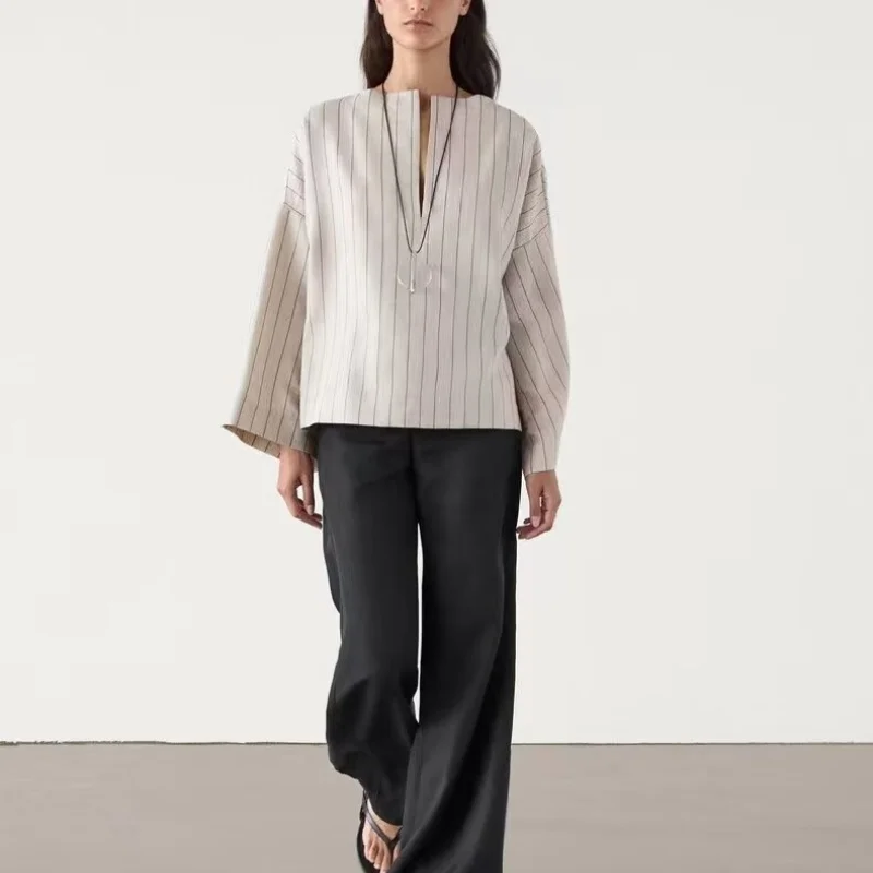 

New French style high-end linen blended vertical striped loose casual V-neck long-sleeved shirt