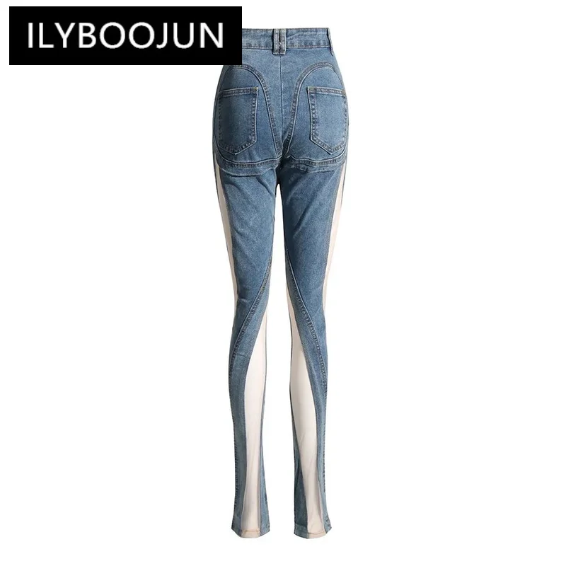 Ilyboojun-女性のための純粋なメッシュデニムパンツ,ハイウエスト,スリットポケット,痩身ジーンズ,セクシーなパッチワーク,新しいコレクション