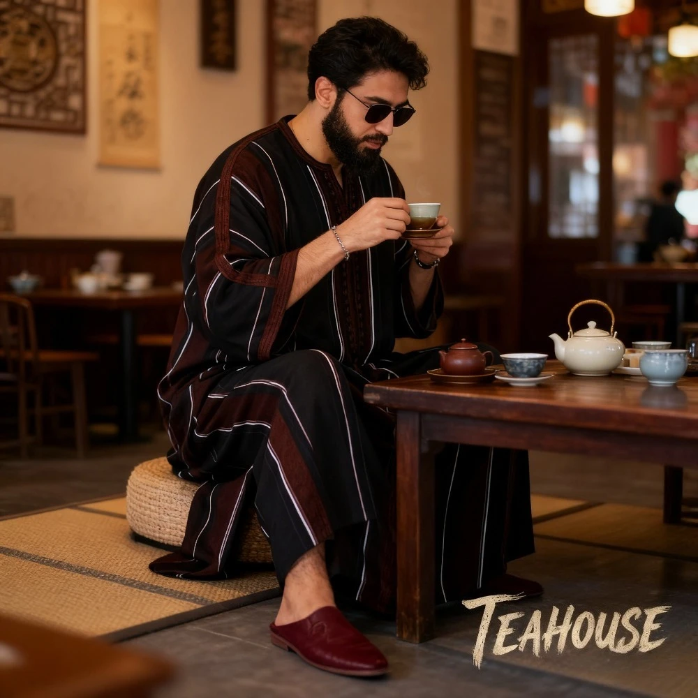 

Islamic Arab Robe Men Black Striped Printed Lightweight Loose Muslim Cultural Casual Clothing