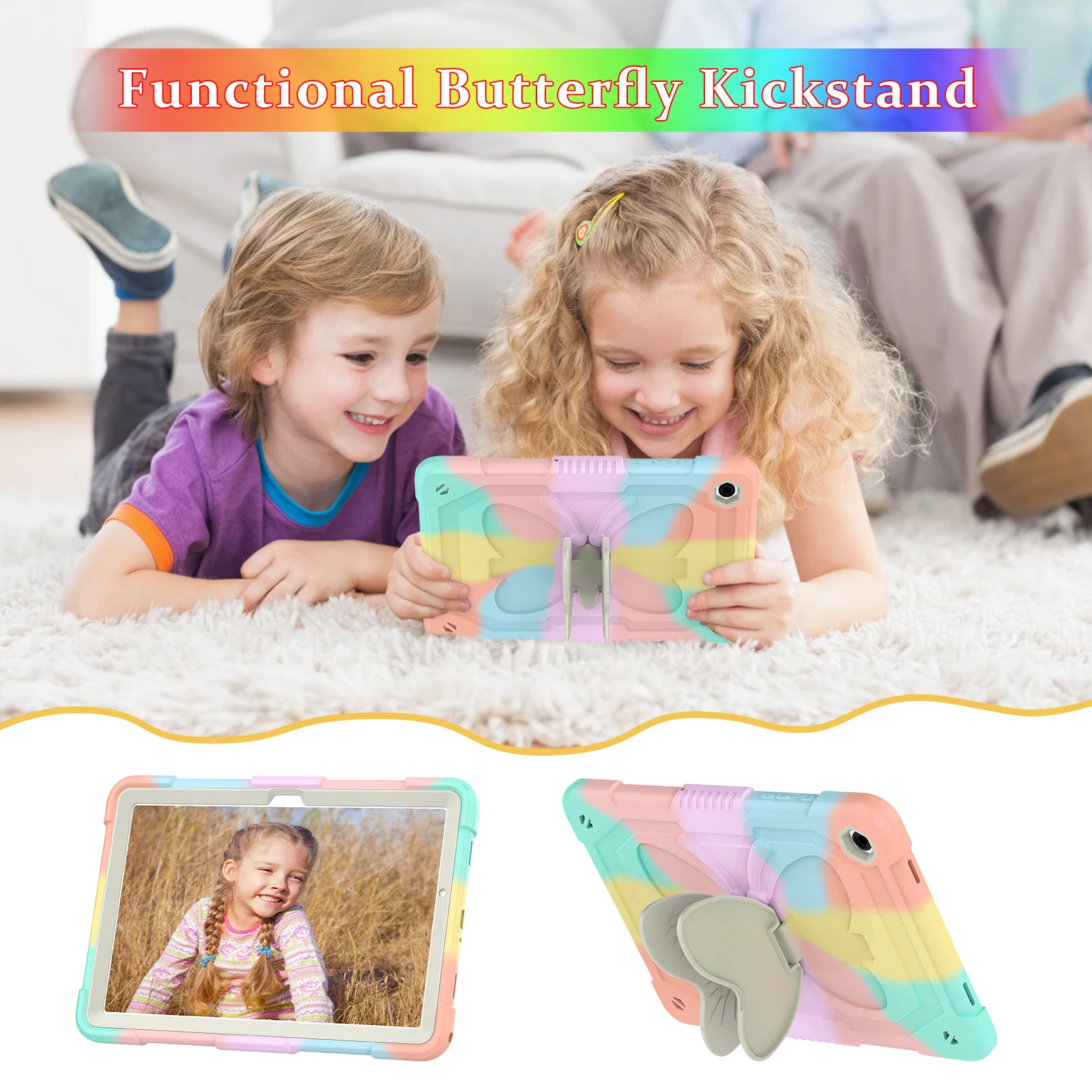 لهاتف Samsung Galaxy Tab A9+ حافظة تابلت على شكل فراشة من السيليكون + غطاء هاتف بمسند من البولي كربونات مع حزام كتف