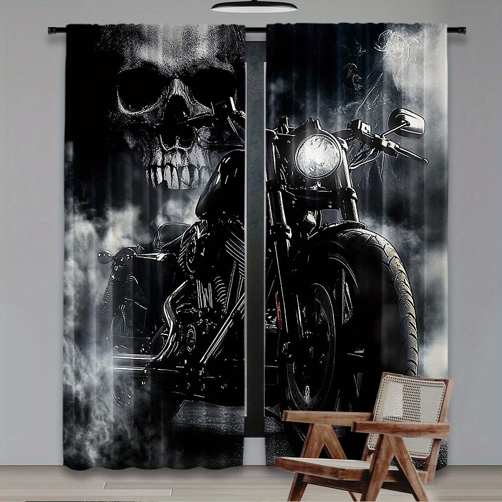 Motorcycle Rider Curtains 2pcs, Skull Mist Design Extreme Sport Theme Polyester Machine Washable for Bedroom Living Room Decor
