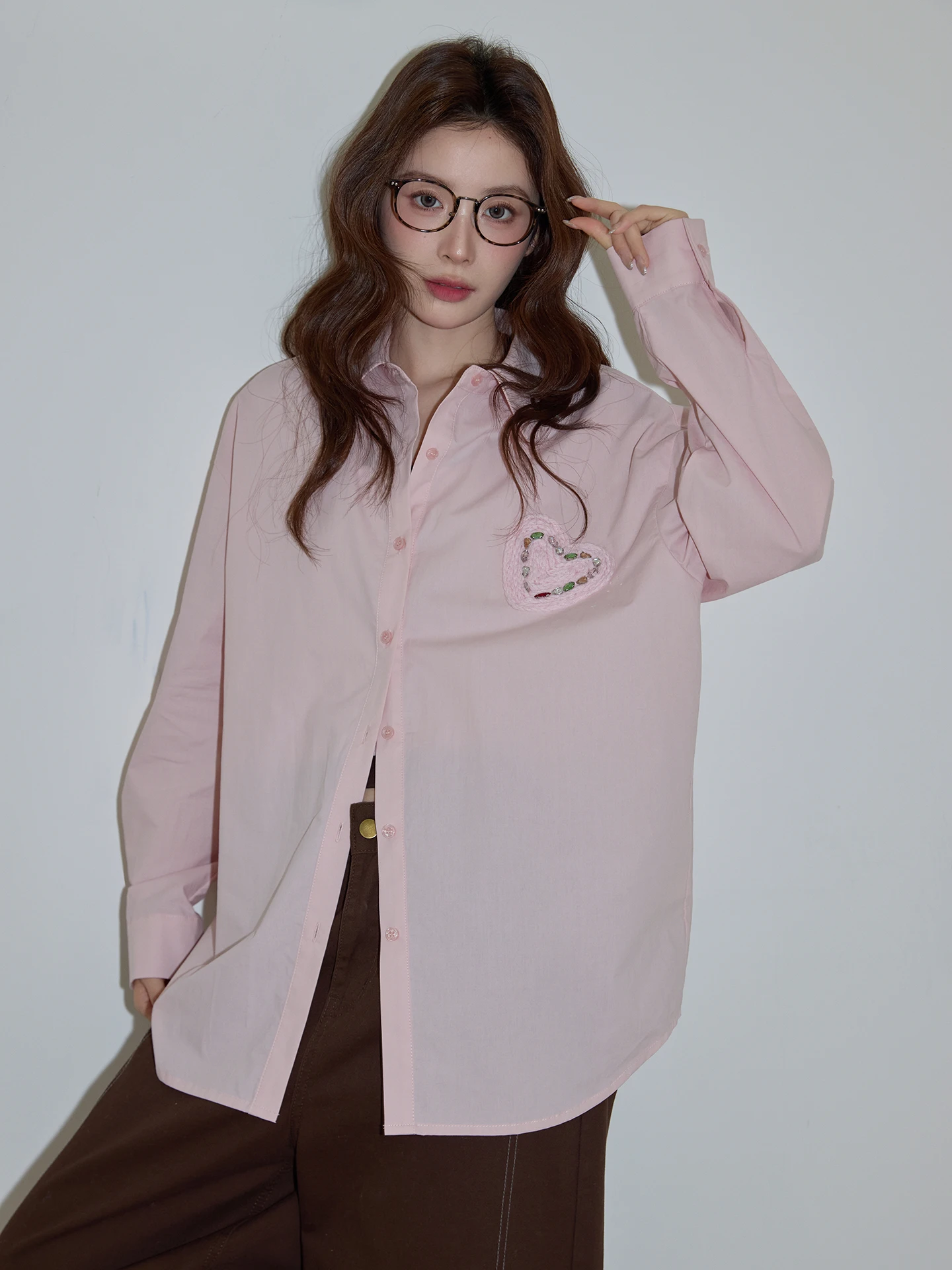 

Женская свободная рубашка Dopne Pink Heart с длинным рукавом, весна 2026, модная повседневная хлопковая рубашка в корейском стиле для работы