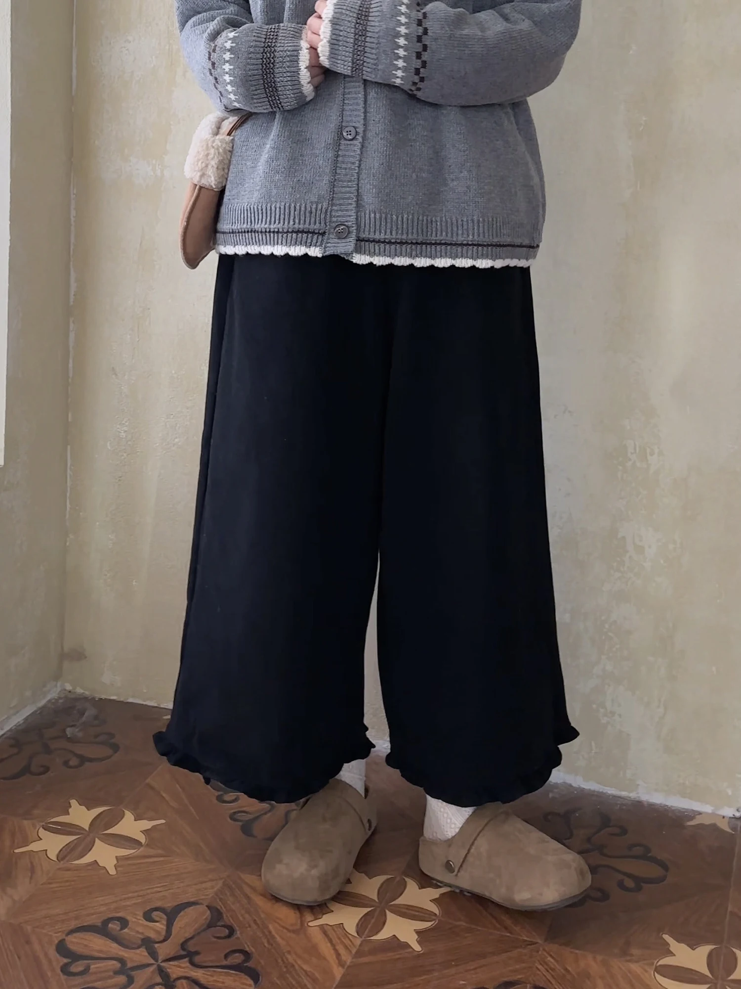 

Женские брюки с высокой талией, расклешенные, прямого кроя, на флисовой подкладке, укороченные, повседневные, в японском стиле, из хлопка, с эластичным поясом