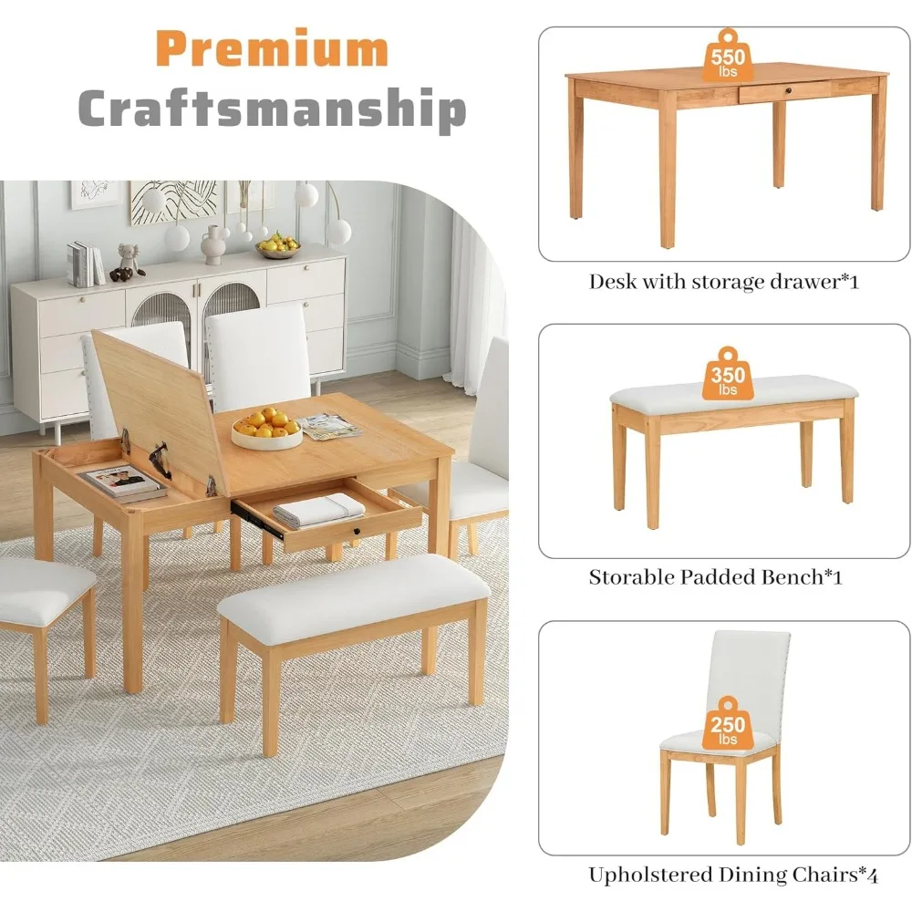 Dining Table Set for 6 with Drawer, Kitchen Table Set with Storage Table, Dinings Room Table Set, Storable Bench, Dining Tables