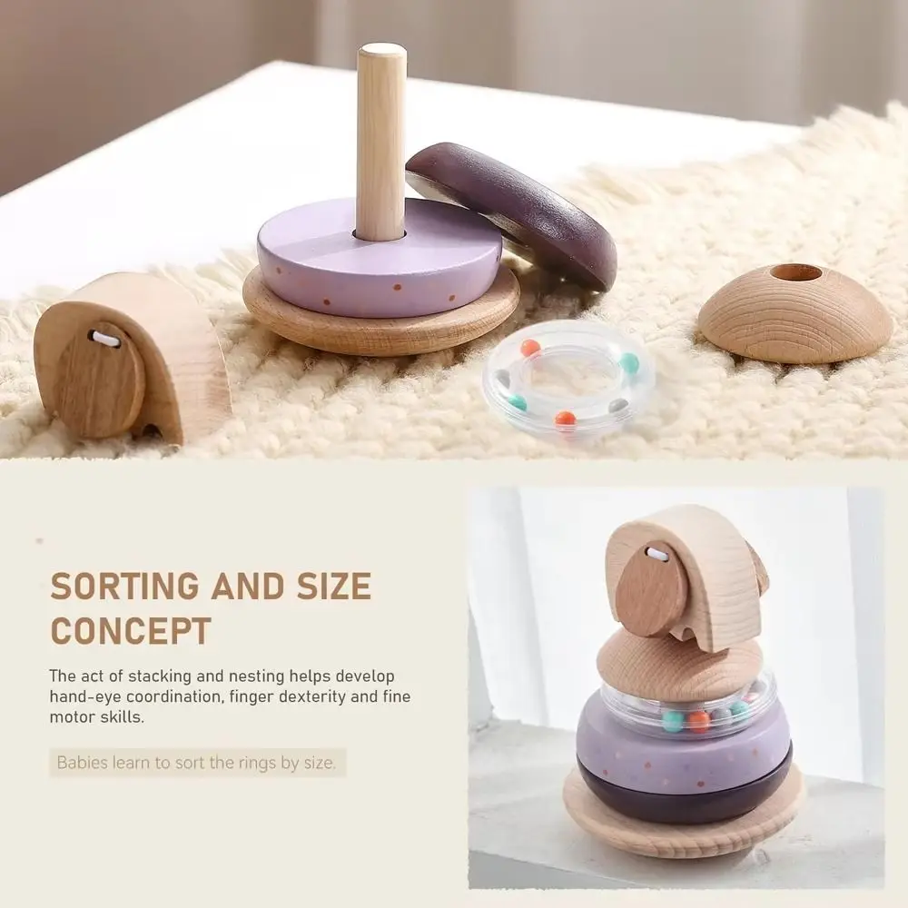 Wooden Baby Pole Stack Toy Montessori Stackable Animal Blocks Educational Toys Puzzle Ferrule Elephant Bell Teething Toy