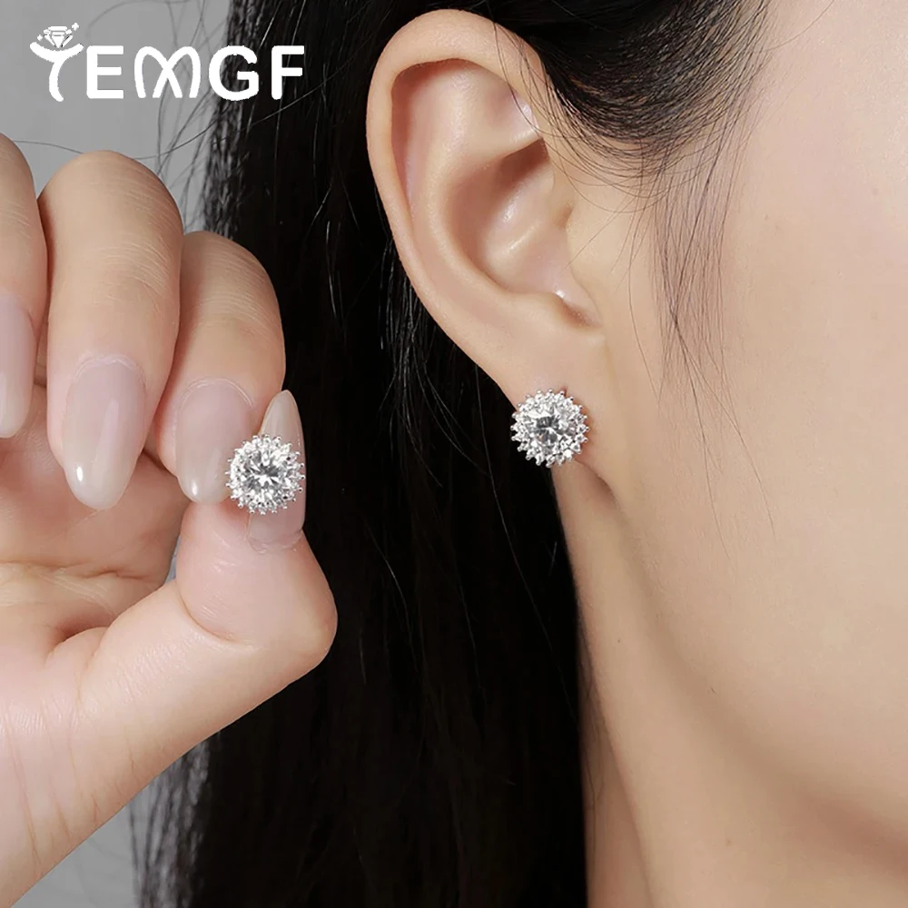 

TEMGF 1 Pair Sparkling Moissanite/Zircon Ear Studs S925 Sterling Silver Flower Earrings for Women Fashion Item Fine Jewelry Gift