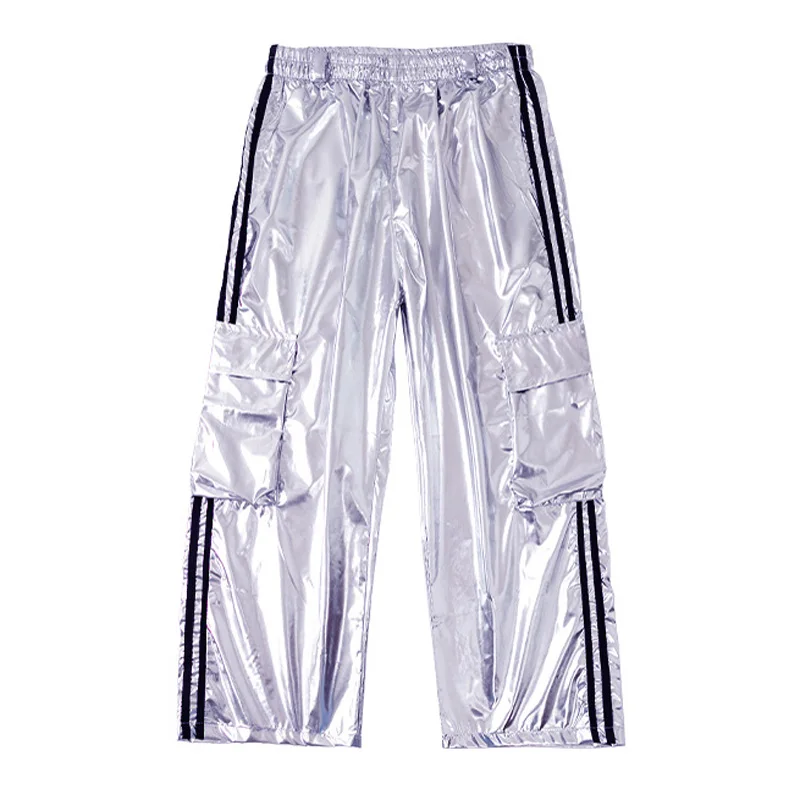 Traje de baile de Hip Hop para niña, Top corto con láser rosa, pantalones Cargo plateados para niños, ropa de actuación callejera de Jazz